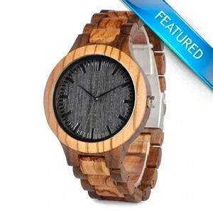 "Zed" Brown Striped Wooden Watch with Black Face
